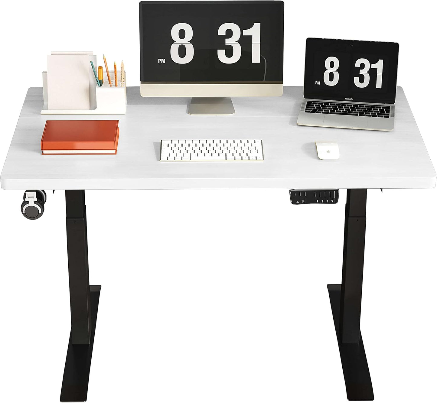 Electric Standing Desk Adjustable Height Desk, 40 X 24 Inches Stand up Desk, Ergonomic Design Home Office Desk, Sit Stand Desk with Splice Board/Black Frame/White Top