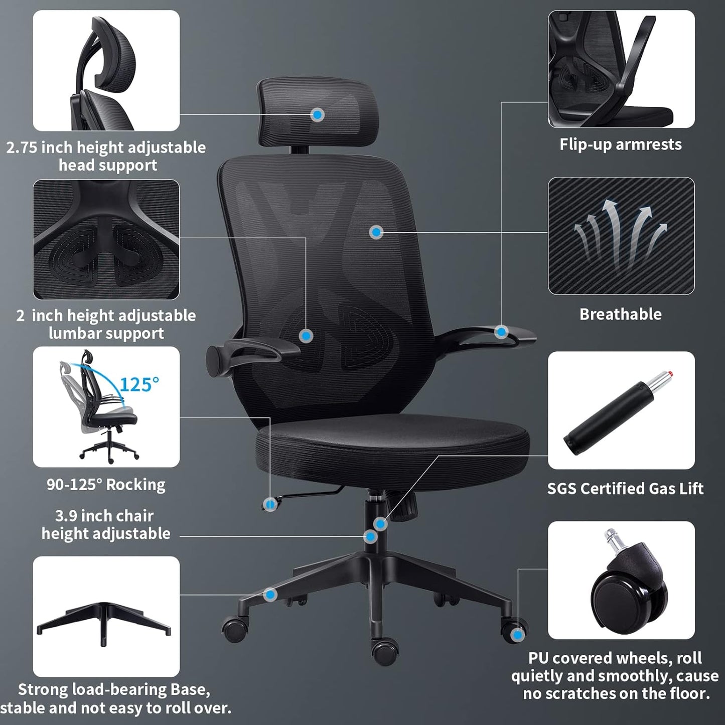 Home Office Chair Ergonomic Desk Chair High Back Flip-Up Arms Reclining Computer Chair with Adjustable Lumbar Support/Headrest Rocking Function Breathable High Elasticity Mesh, Black