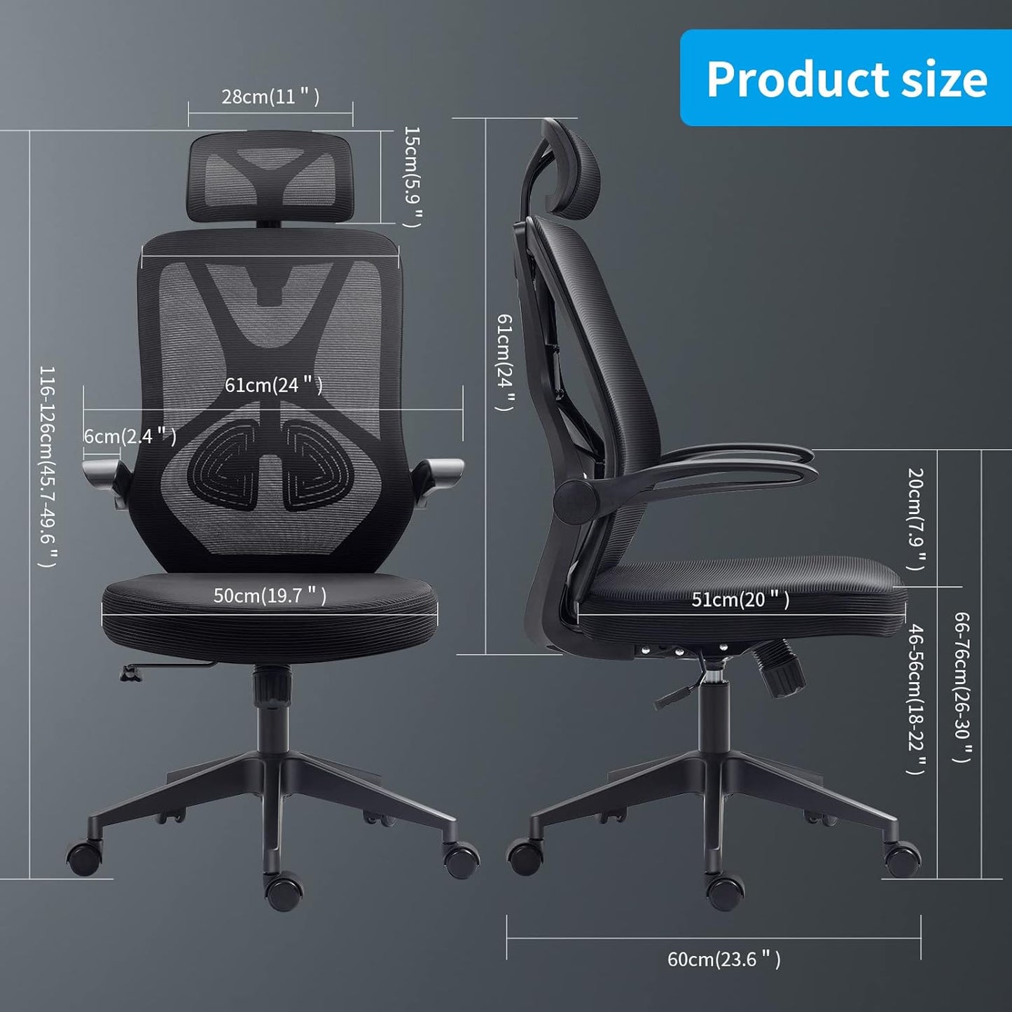 Home Office Chair Ergonomic Desk Chair High Back Flip-Up Arms Reclining Computer Chair with Adjustable Lumbar Support/Headrest Rocking Function Breathable High Elasticity Mesh, Black