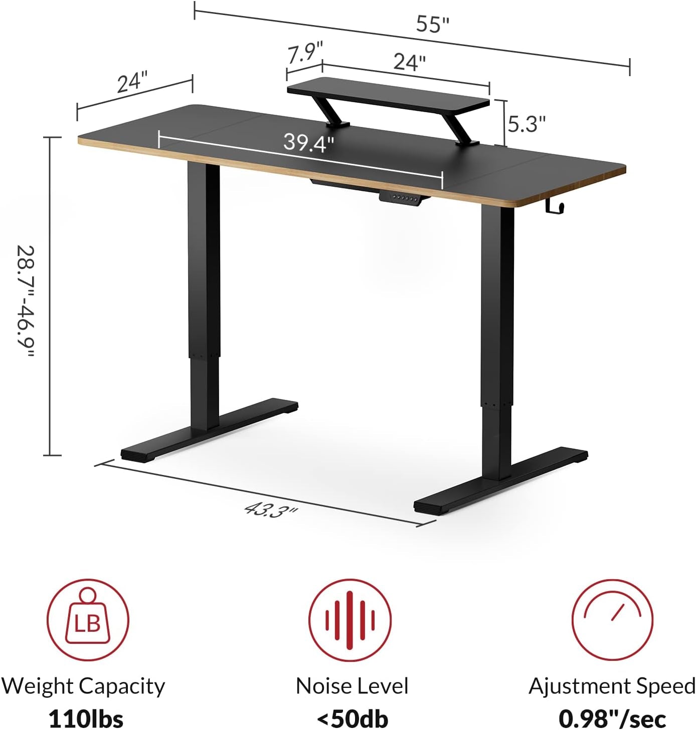 Height Adjustable Desk 55 Inch, Electric Standing Desk/W USB Charging Ports, Black Sit Stand Desk for Home Office with Monitor Shelf (55 X 24 Inches)