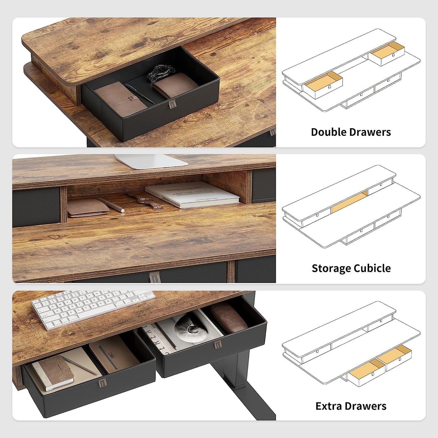 55 X 24 Electric Standing Desk Adjustable Height with 4 Drawers, Sit Stand Desk with Storage Shelf, Rising Desk with Splice Board, Black Frame/Rustic Brown Top, 55 Inch