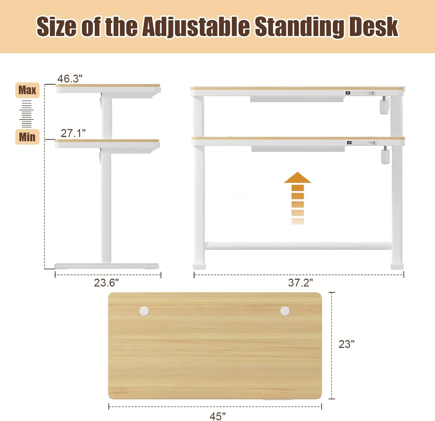 Electric Standing Desk with Drawers, Height Adjustable Sit Stand Desk with Drawer, Home Office Desk Storage & USB Ports, 45 X 23 Inch Maple Desktop/White Frame