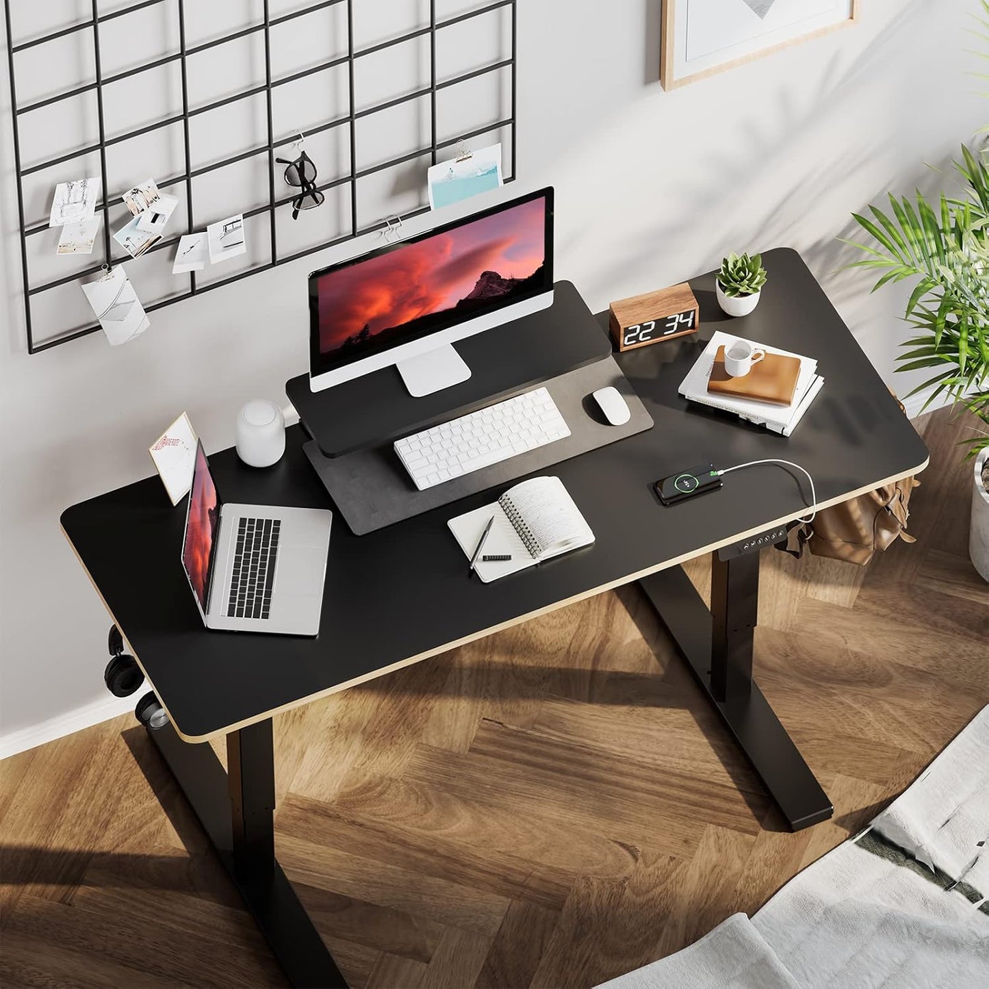 Height Adjustable Desk 55 Inch, Electric Standing Desk/W USB Charging Ports, Black Sit Stand Desk for Home Office with Monitor Shelf (55 X 24 Inches)