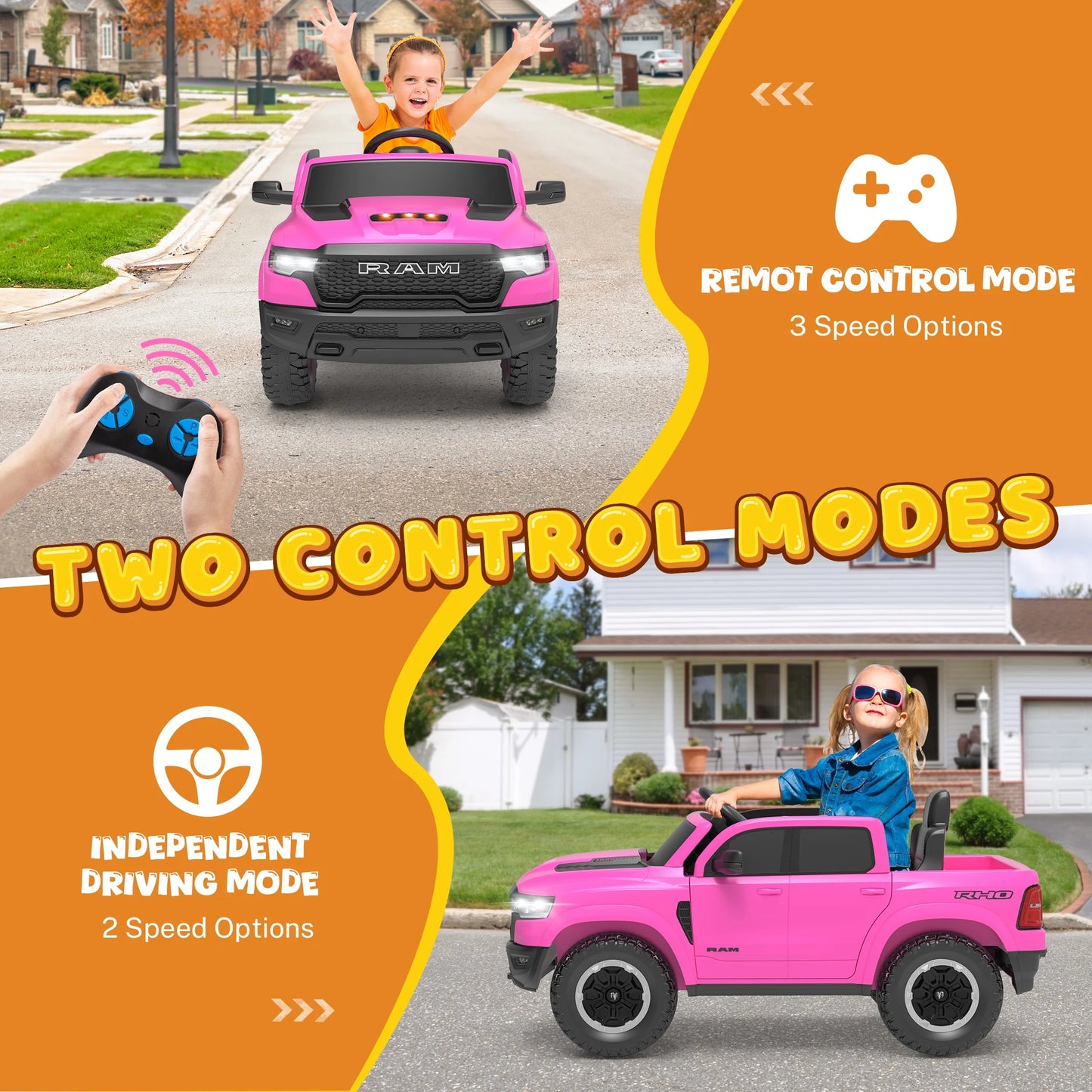 RAM Ride on Car, 12V Powered Ride on Toy with Remote Control, 4 Wheel Suspension, 5 Point Safety Belt, MP3 Player, Bluetooth, LED Lights, Electric Cars for 3-8 Years Boys Girls