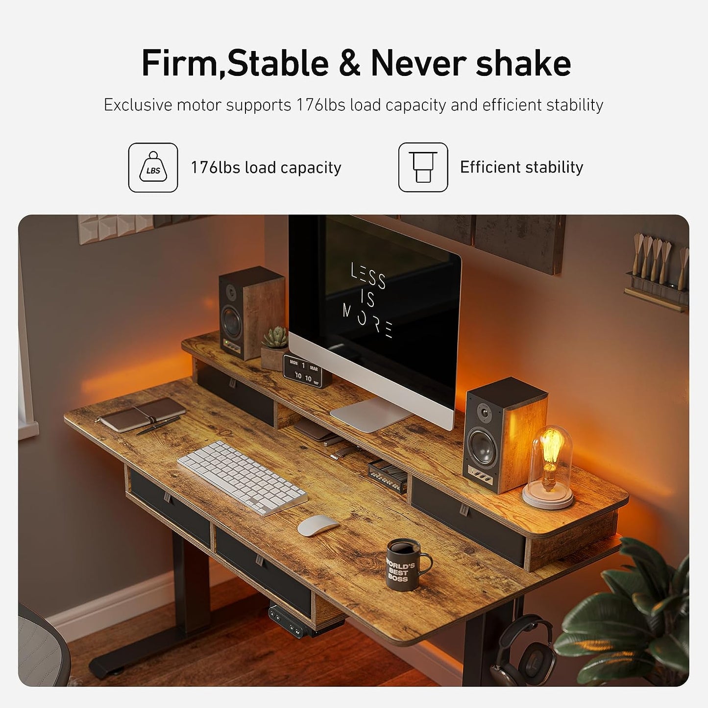 55 X 24 Electric Standing Desk Adjustable Height with 4 Drawers, Sit Stand Desk with Storage Shelf, Rising Desk with Splice Board, Black Frame/Rustic Brown Top, 55 Inch