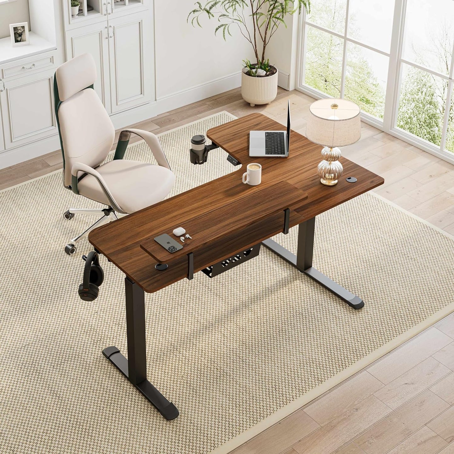 Standing Desk Electric Adjustable Height (61"X43") Computer Desk with Keyboard Tray, Sit Stand Desk L Shaped Desk for Work/Home Office,Dual Motor,Memory Presets,2 Usb/Rgb,Walnut/Left