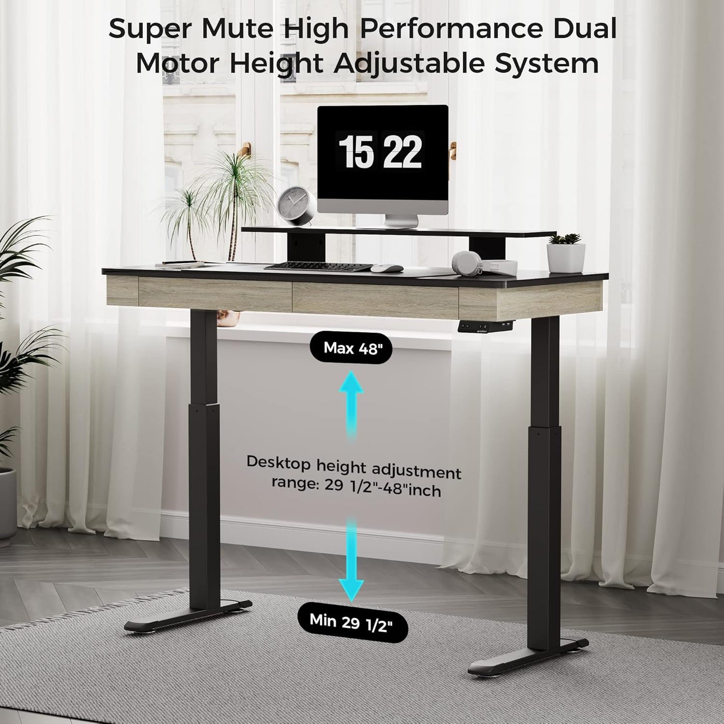 Electric Standing Desk with Drawers, 55 Inch Dual Motor Height Adjustable Stand up Desk for Home Office with Built-In Outlet, Wireless Charger, USB Port, Oak Grey