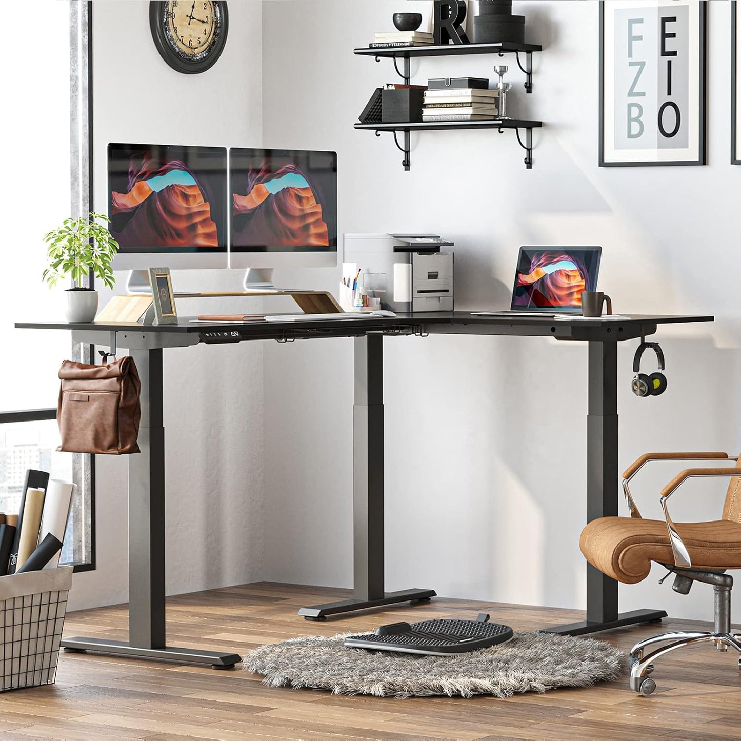 Triple Motor L-Shaped Electric Standing Desk, 63 Inches Height Adjustable Stand up Corner Desk, Sit Stand Workstation with Splice Board, Black Top/Black Frame