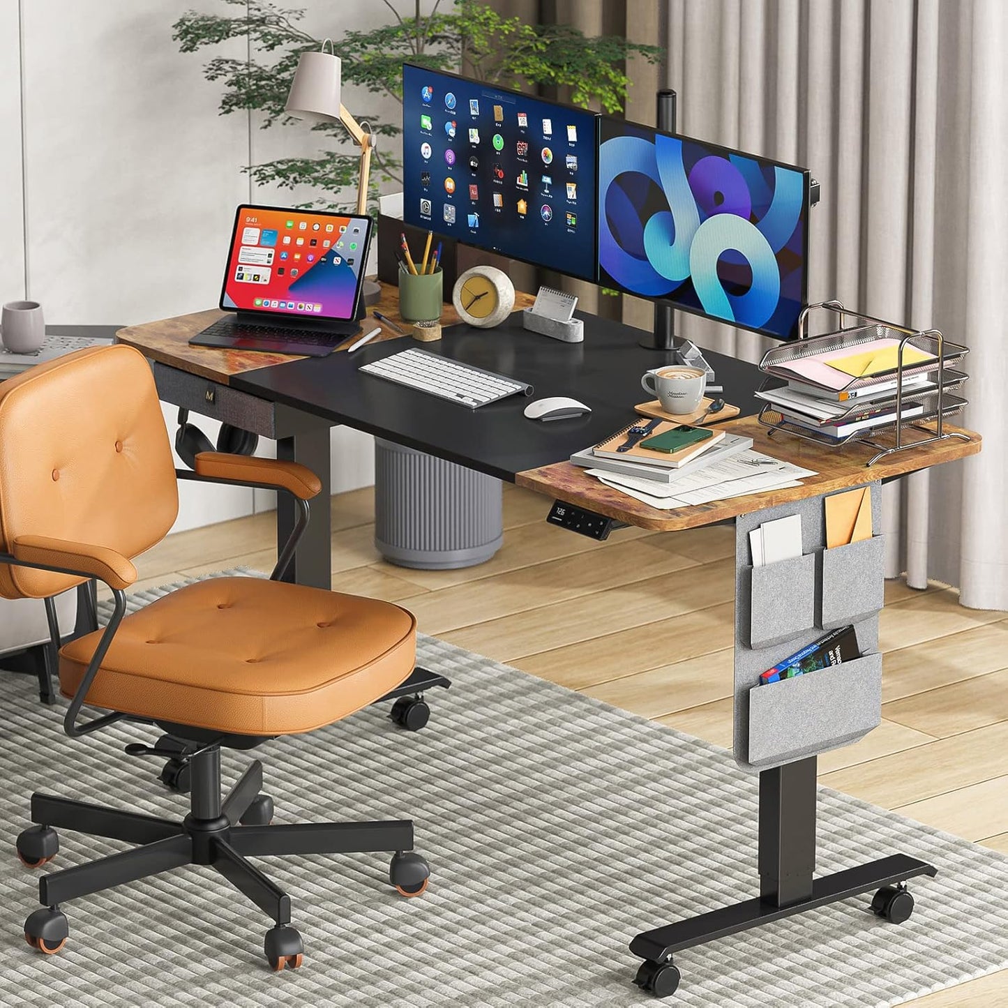 Standing Desk, Adjustable Height Electric Stand up Desk with Drawers, Storage Bag, Cable Management Tray, Ergonomic Computer Desk for Home Office, 55 X 28 Inches, Rustic Brown+Black Top