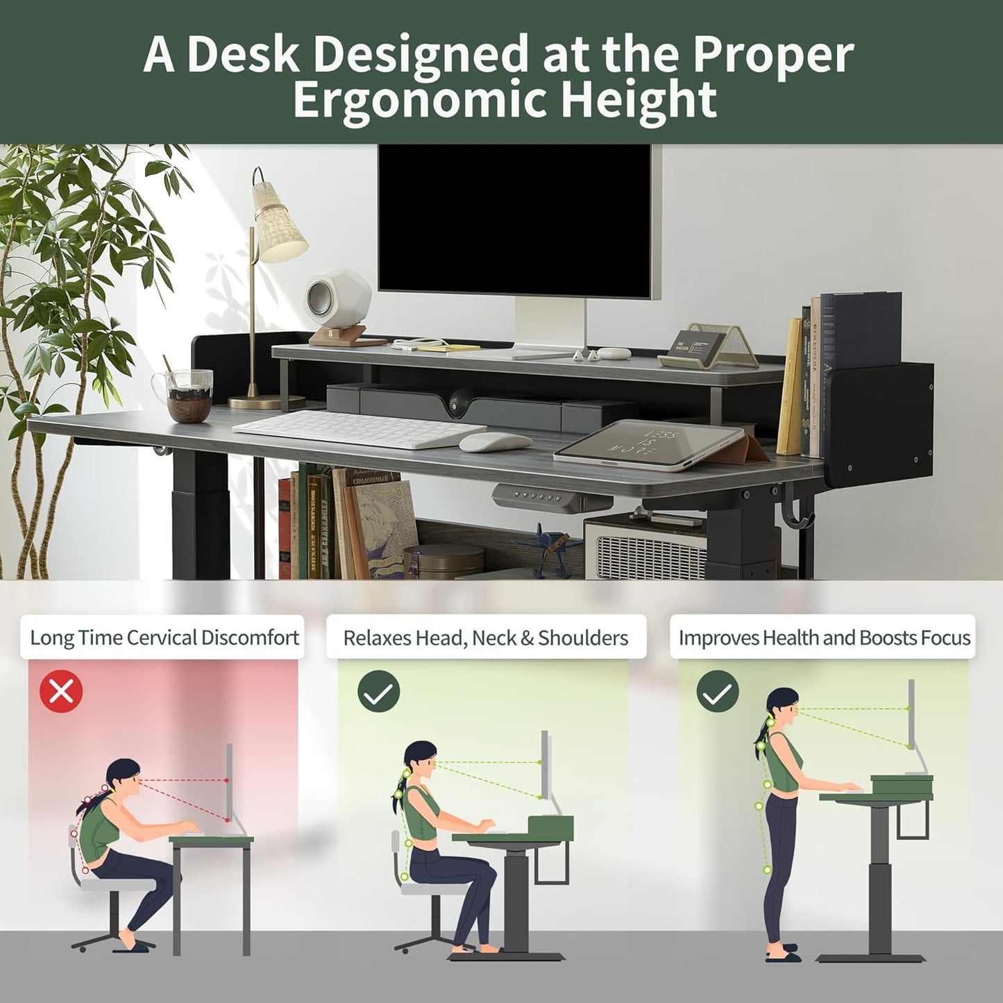 48" Electric Standing Desk with Shelves, 48 X 24 Inch Sit Stand Rising Desk with Monitor Stand and Storage, Ergonomic Home Office Computer Desk, Rustic