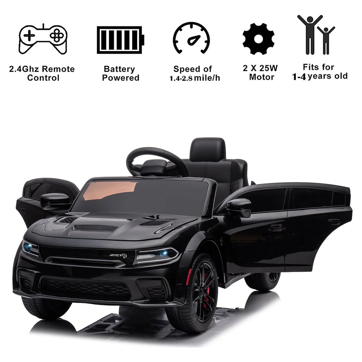 Black 12 V Dodge Charger SRT Hellcat Battery Powered Ride on Cars with Remote Control, Bluetooth, LED Light and MP3 Player