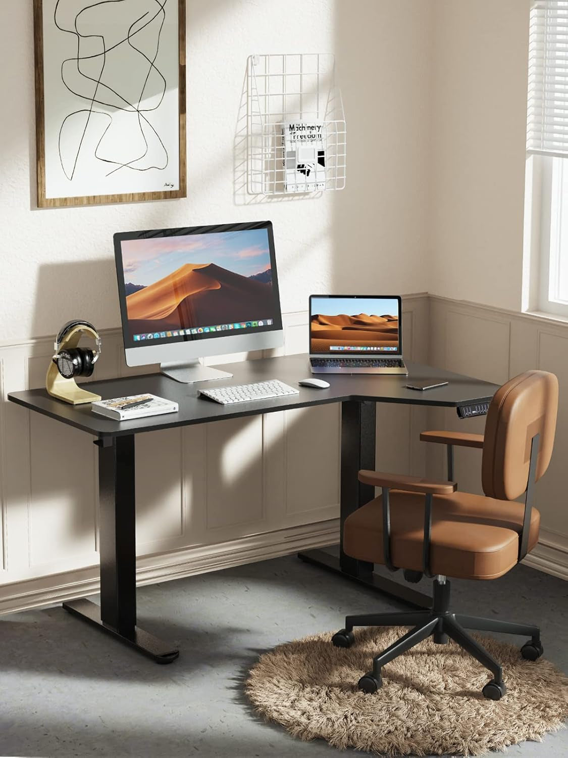 Electric Standing Desk, Height Adjustable Sit Stand up Desk, L-Shaped Memory Home Office Desk with Hook, 55 X 34 Inch, Black