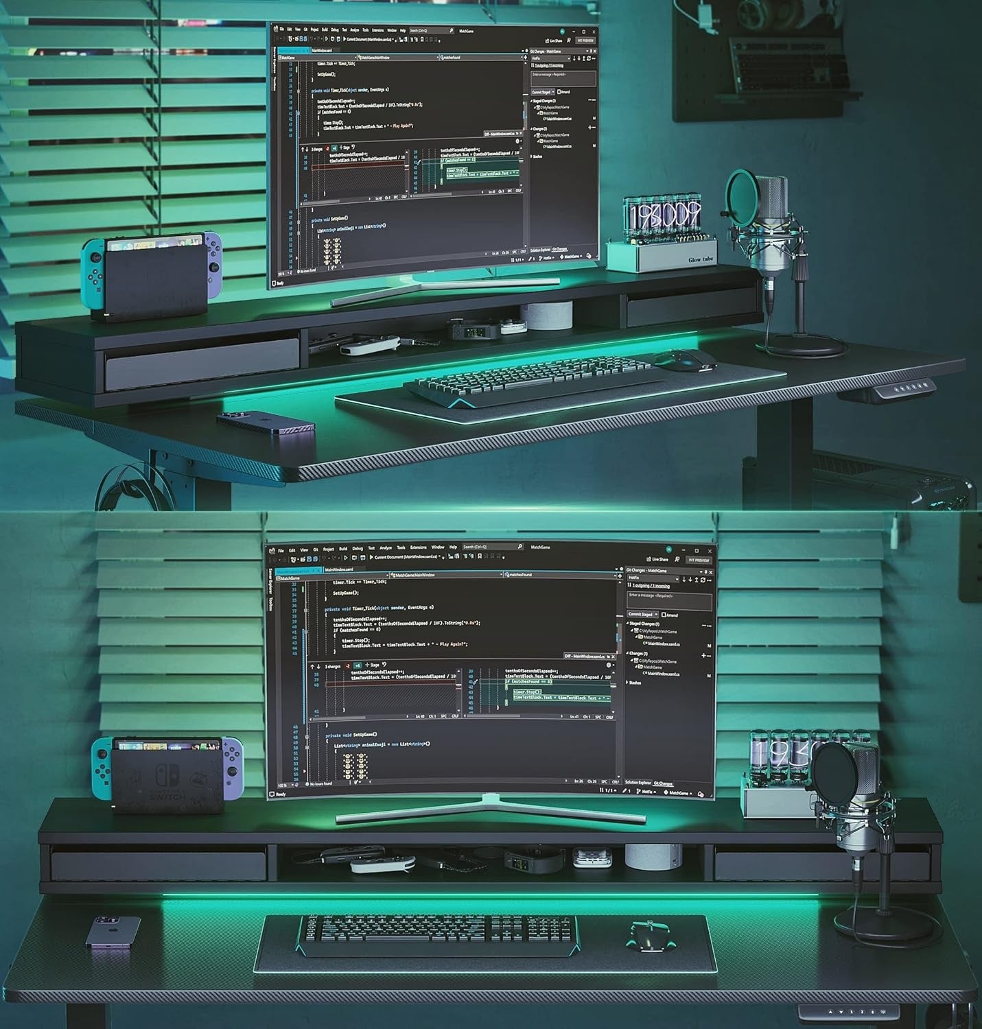 48 X 24 Inch Height Adjustable Electric Standing Desk with Double Drawers, Stand up Desk with LED Strips, Sit Stand Desk with Monitor Stand, Blcak