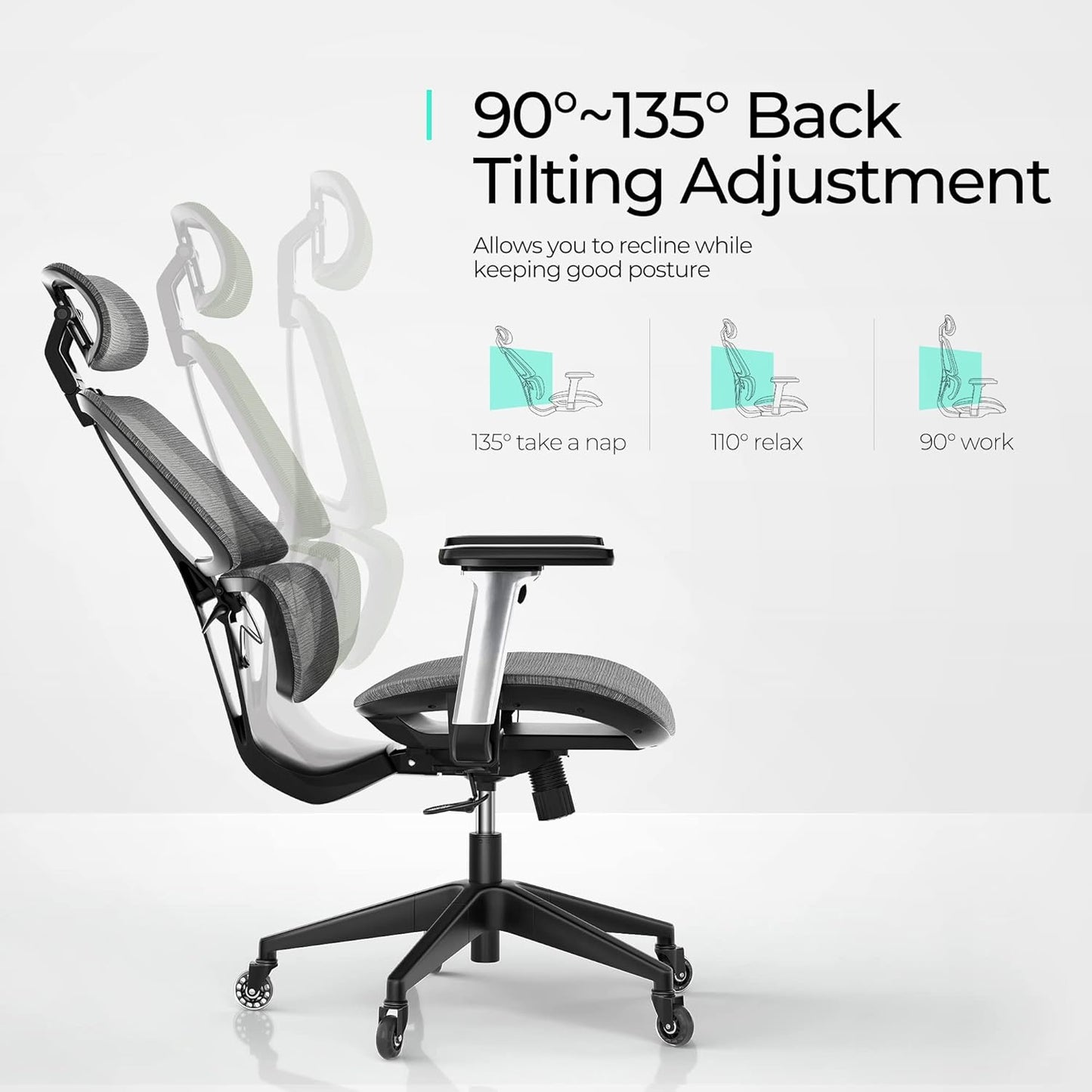 High-Back Office Chair, Swivel Ergonomic Task Chair with Adjustable Headrest and Arms, Lumbar Support and PU Wheels, Computer Mesh Chair for Home Office, Grey