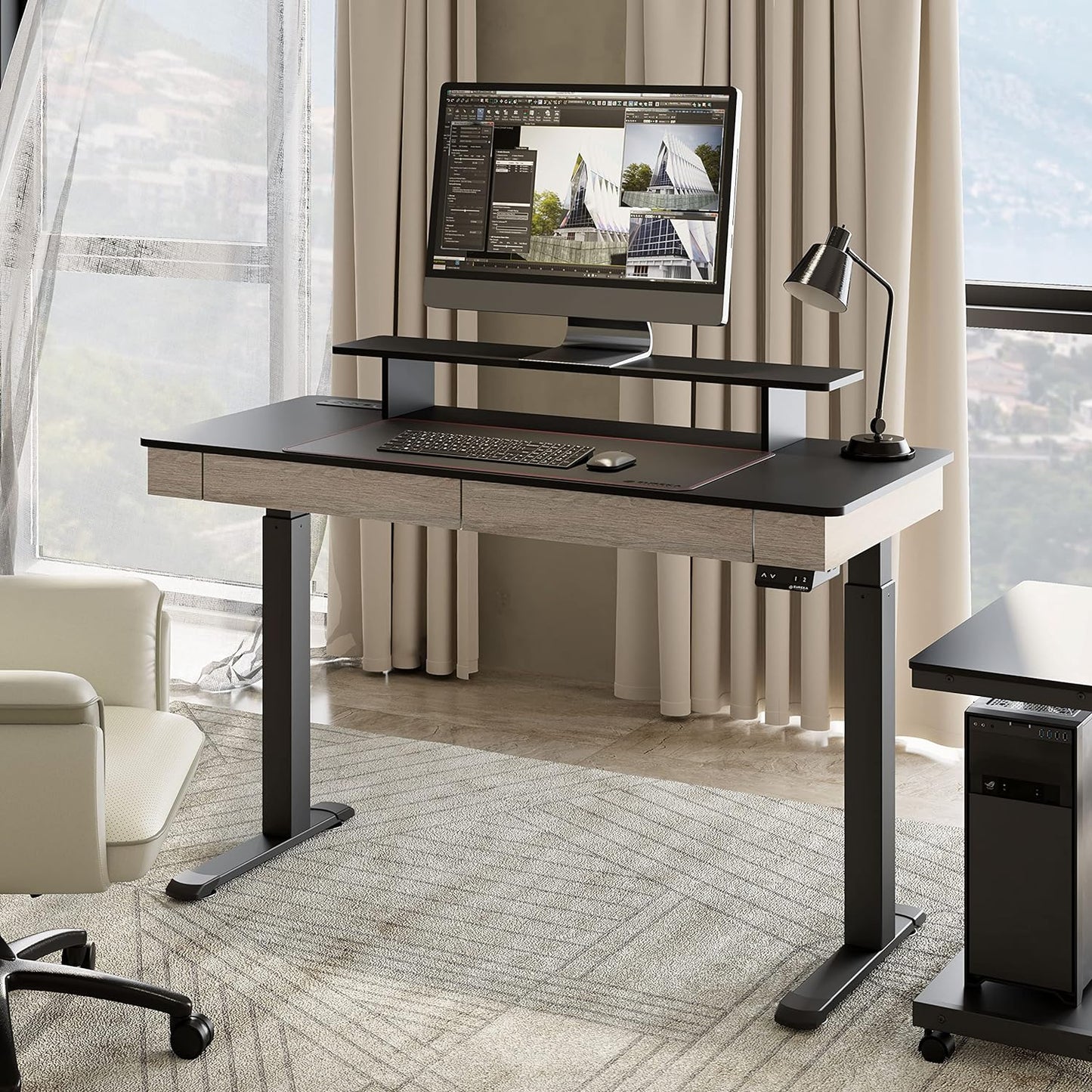 Electric Standing Desk with Drawers, 55 Inch Dual Motor Height Adjustable Stand up Desk for Home Office with Built-In Outlet, Wireless Charger, USB Port, Oak Grey