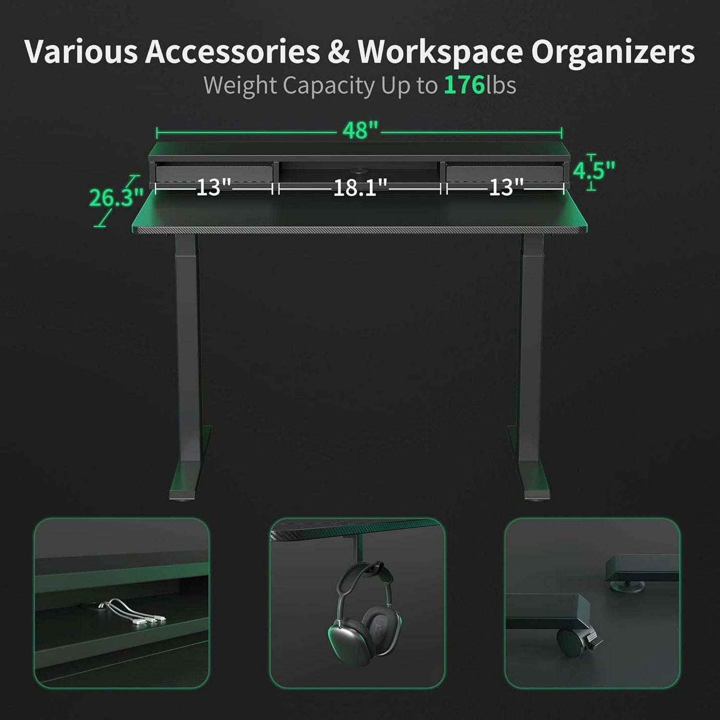 48 X 24 Inch Height Adjustable Electric Standing Desk with Double Drawers, Stand up Desk with LED Strips, Sit Stand Desk with Monitor Stand, Blcak