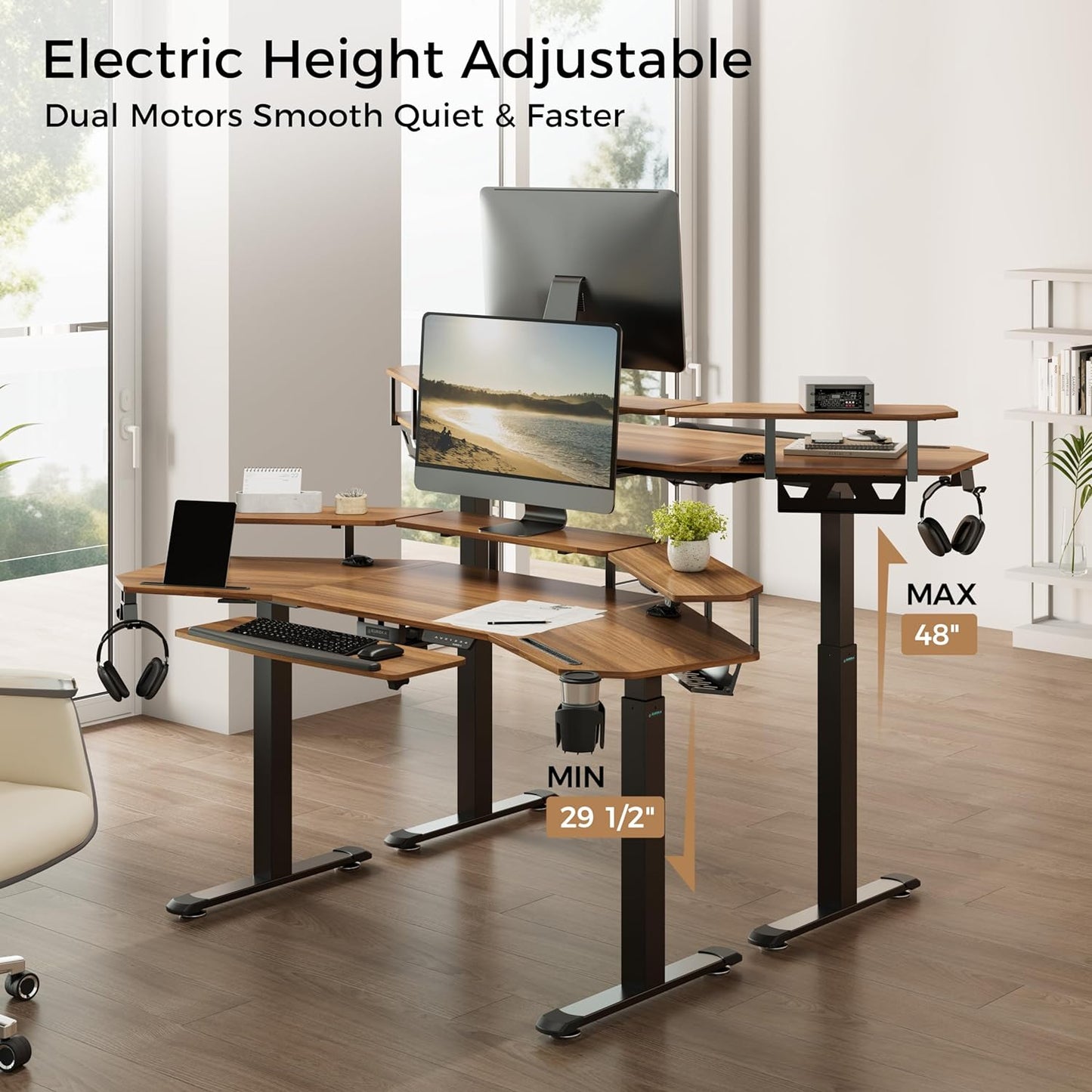 Standing Desk Electric Adjustable Height Desk, Computer Desk W Keyboard Tray 72" Gaming Desk Music Studio Desk Sit Stand up Desk LED Monitor Stand,Dual Motor,Slot Design,Walnut