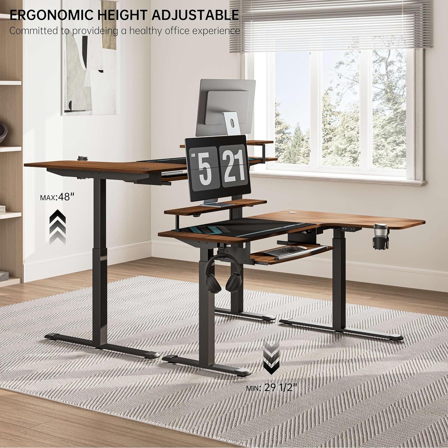 Standing Desk Electric Adjustable Height (61"X43") Computer Desk with Keyboard Tray, Sit Stand Desk L Shaped Desk for Work/Home Office,Dual Motor,Memory Presets,2 Usb/Rgb,Walnut/Left