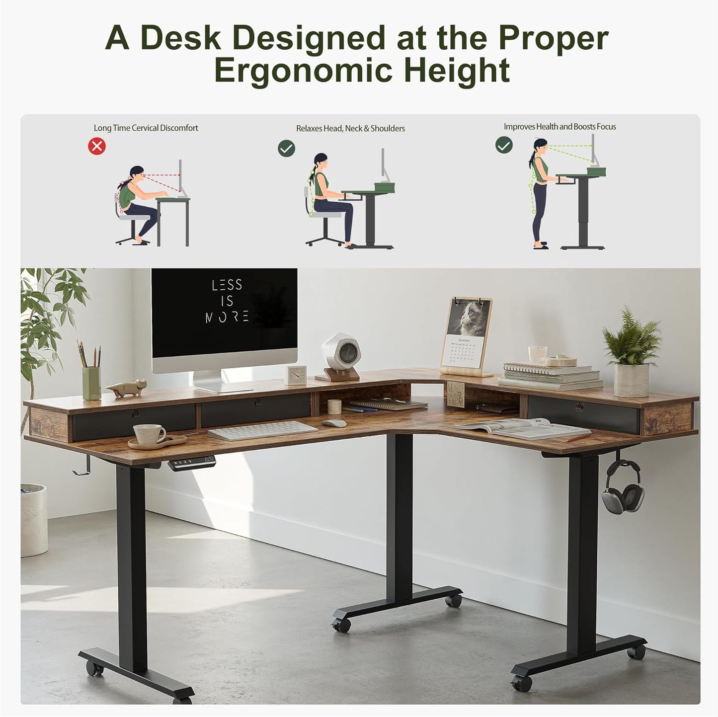 Triple Motor 63" L-Shape Standing Desk with 3 Drawers, Height Adjustable Electric Standing Game Table, Corner Standing Table, Home Office Standing Table, Rustic Brown Top