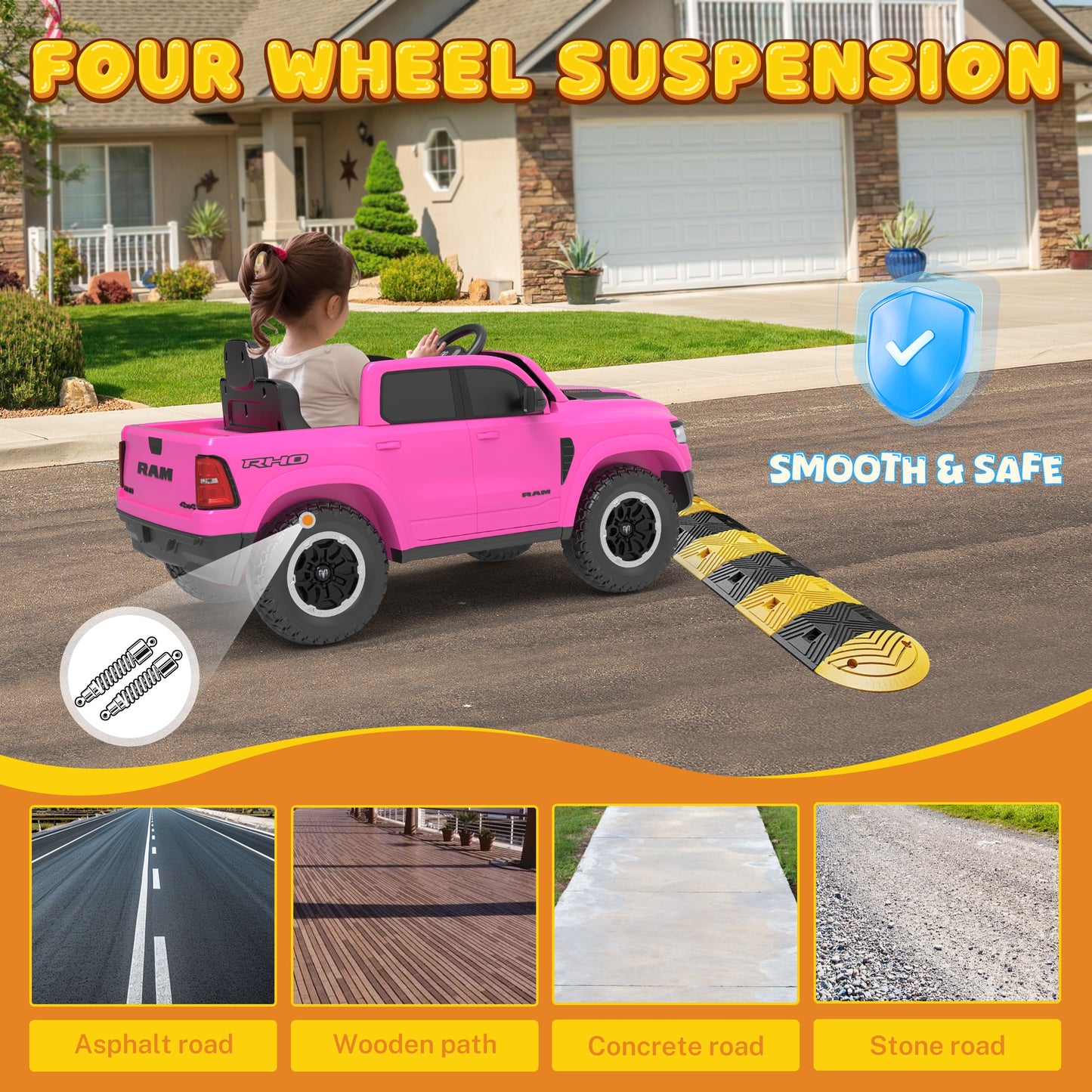 RAM Ride on Car, 12V Powered Ride on Toy with Remote Control, 4 Wheel Suspension, 5 Point Safety Belt, MP3 Player, Bluetooth, LED Lights, Electric Cars for 3-8 Years Boys Girls