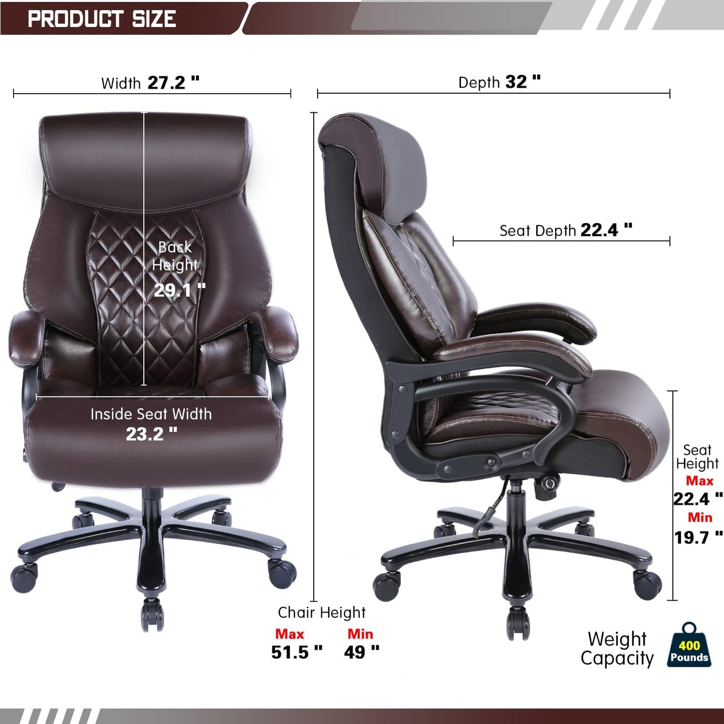 Big and Tall Office Chair 400 Lbs - Executive Leather Swivel Chair with Arms, High Back Desk Chair with Adjustable Lumbar Support Heavy Duty Metal Base, Office Chairs for Heavy People (Brown)