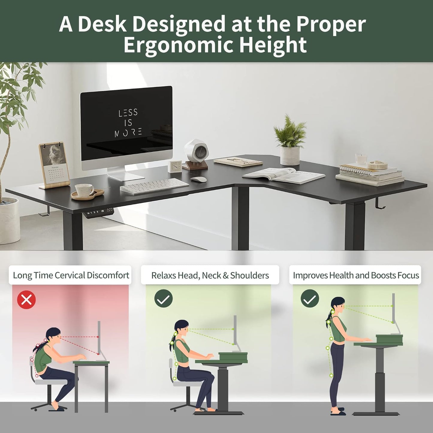 Triple Motor L-Shaped Electric Standing Desk, 63 Inches Height Adjustable Stand up Corner Desk, Sit Stand Workstation with Splice Board, Black Top/Black Frame