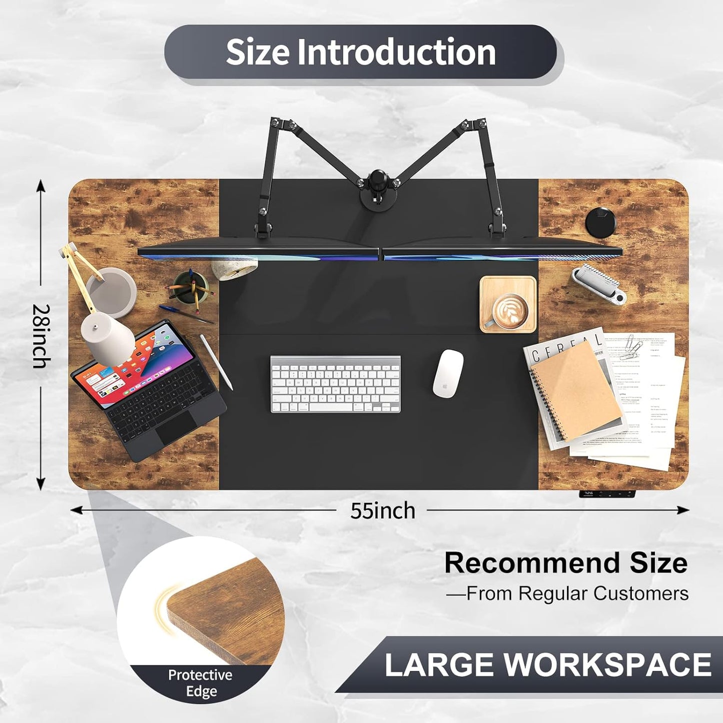 Standing Desk, Adjustable Height Electric Stand up Desk with Drawers, Storage Bag, Cable Management Tray, Ergonomic Computer Desk for Home Office, 55 X 28 Inches, Rustic Brown+Black Top