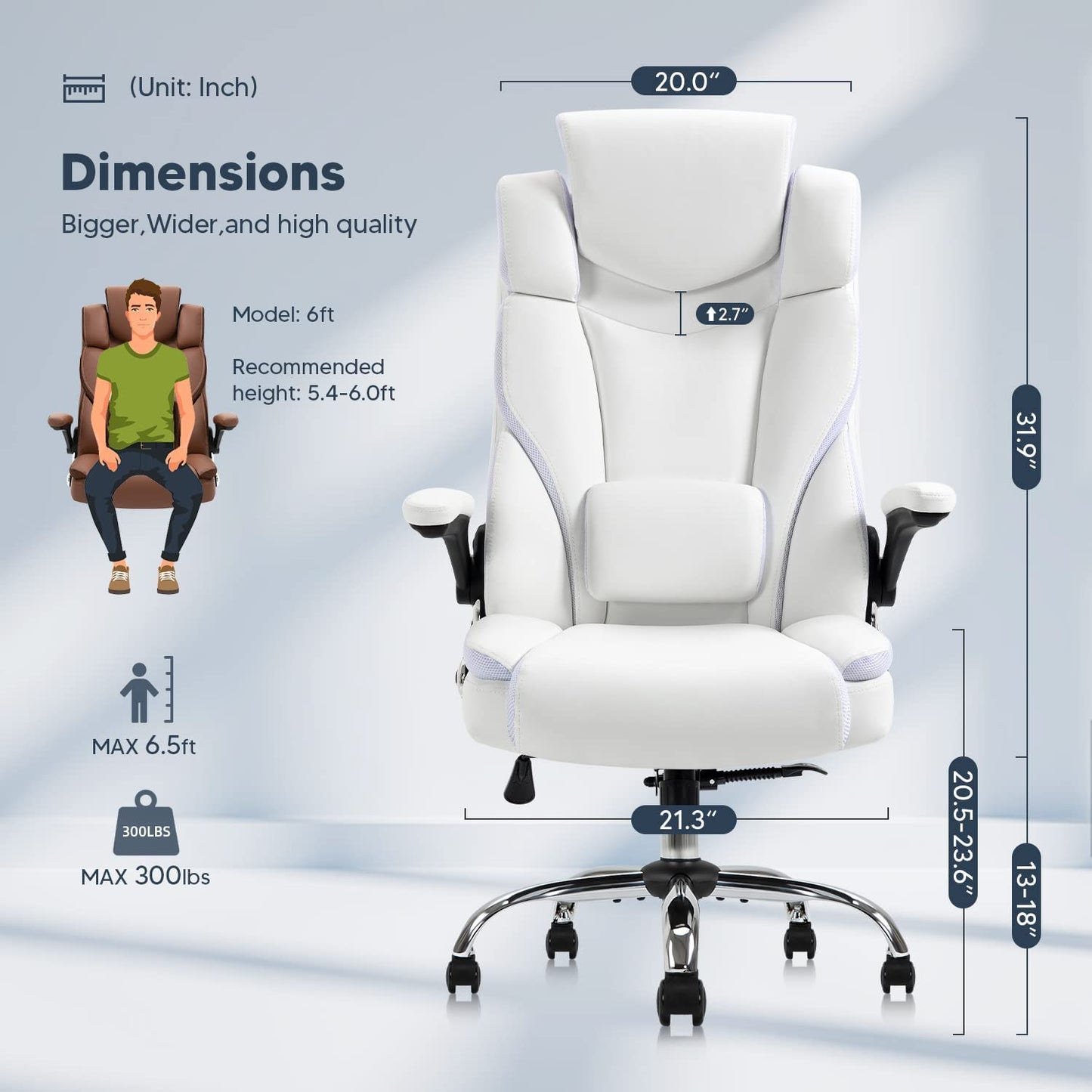 Ergonomic Executive Office Chair High Back PU Leather Computer Desk Chairs with Wheels and Flip-Up Arms, Adjustable Headrest, Tilt and Lumbar Support, White