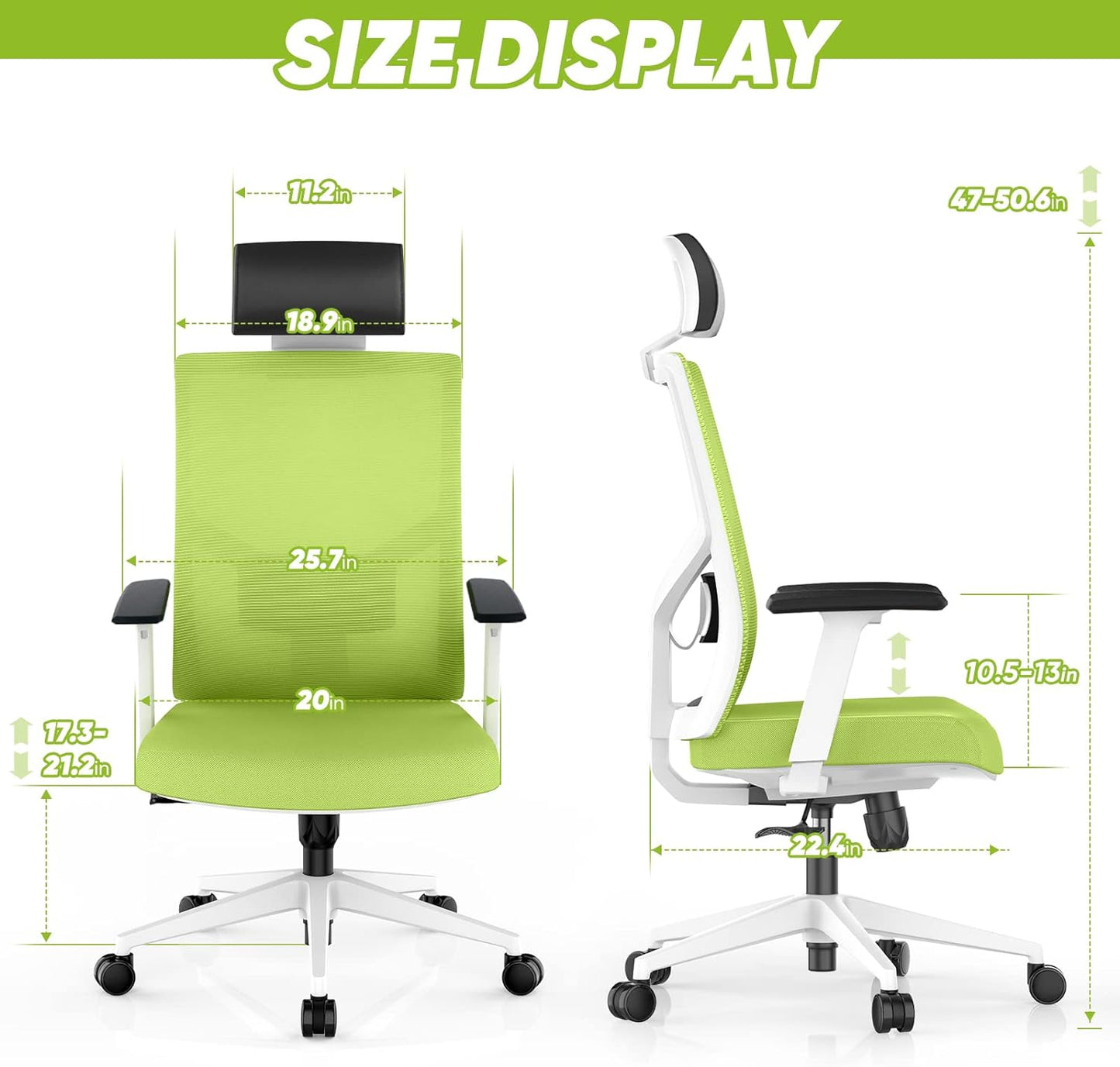 Ergonomic Office Chair, Home Office Desk Chairs Flip up Arms with Wheels Adjustable Armrest Mesh High Back Lumbar Headrest Support for Adults Green Comfy Swivel Big Tall Executive, Green