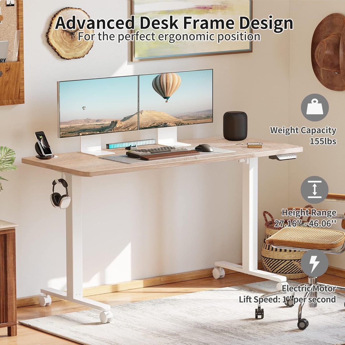 55'' Electric Height Adjustable Standing Desk,Sit Stand up Desk,Ergonomic Sit-Stand Desk for Home Office,Maple Top