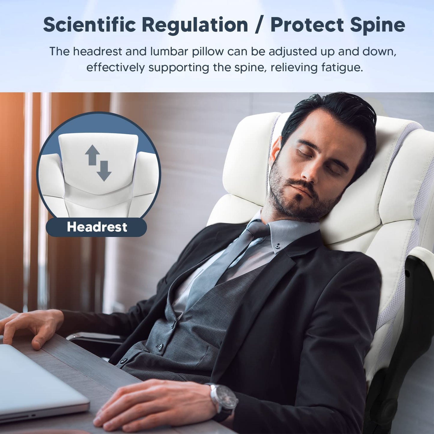 Ergonomic Executive Office Chair High Back PU Leather Computer Desk Chairs with Wheels and Flip-Up Arms, Adjustable Headrest, Tilt and Lumbar Support, White