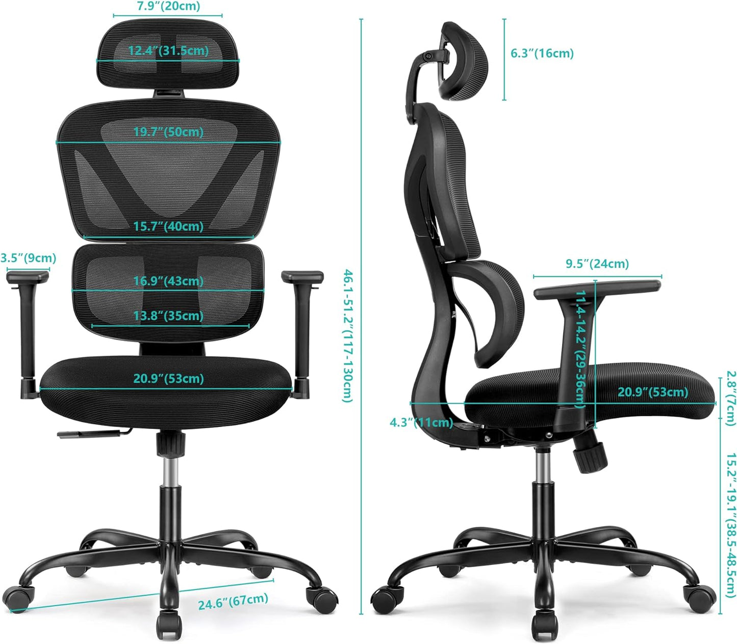 Ergonomic Office Chair, Home Desk Chair, Comfy Breathable Mesh Task High Back Thick Cushion Computer Chair with Headrest and 3D Armrests, Adjustable Height Home Gaming Chair (Black)