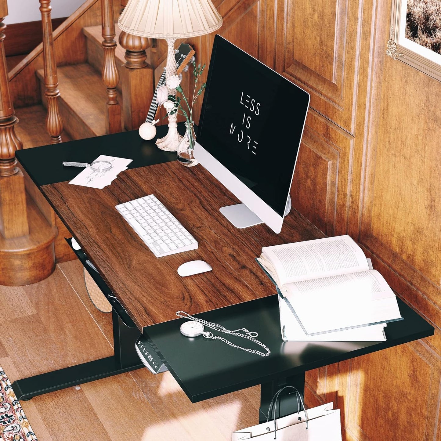 Height Adjustable Electric Standing Desk with Pencil Holder, 55 X 24 Inches Stand up Desk, Sit Stand Desk with Black and Espresso Top and Black Frame