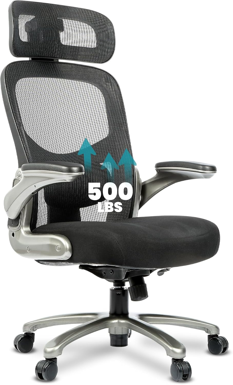 500 Lbs Rated Ergonomic Big and Tall, Flip-Up Arms, Mesh Swivel Office Chair with anti Scratch Wheels, Mesh Executive Chair (Black with Headrest)