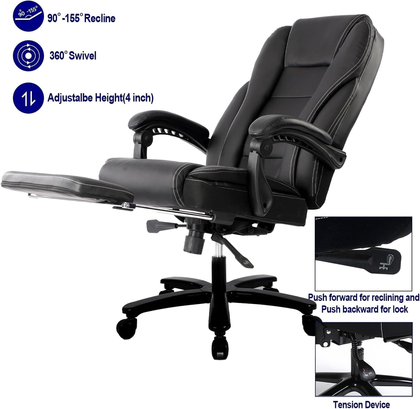 Big and Tall High Back 400LBS Reclining Office Chair with Footrest - Executive Computer Chair Home Office Desk Chair Heavy Duty Metal Base, Ergonomic Support Function Black