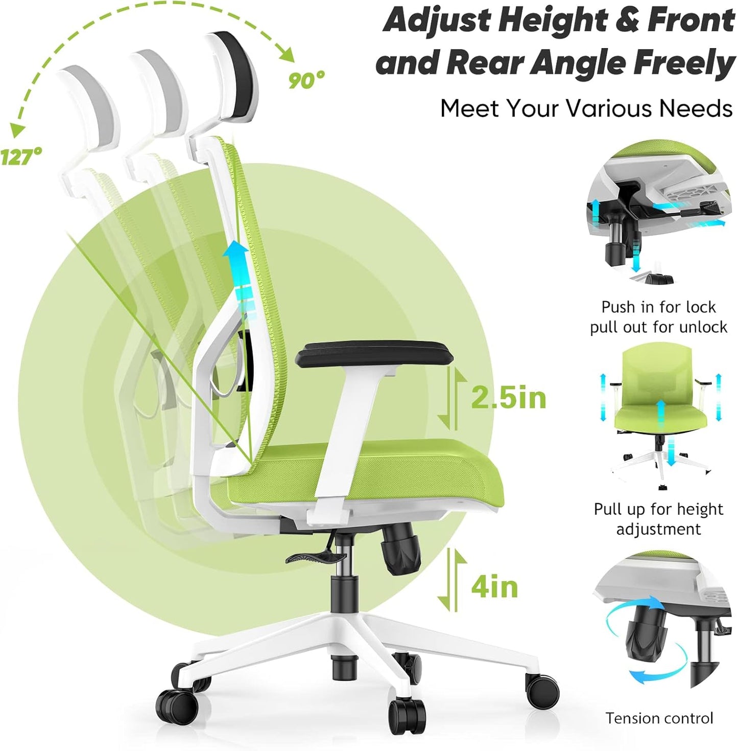 Ergonomic Office Chair, Home Office Desk Chairs Flip up Arms with Wheels Adjustable Armrest Mesh High Back Lumbar Headrest Support for Adults Green Comfy Swivel Big Tall Executive, Green