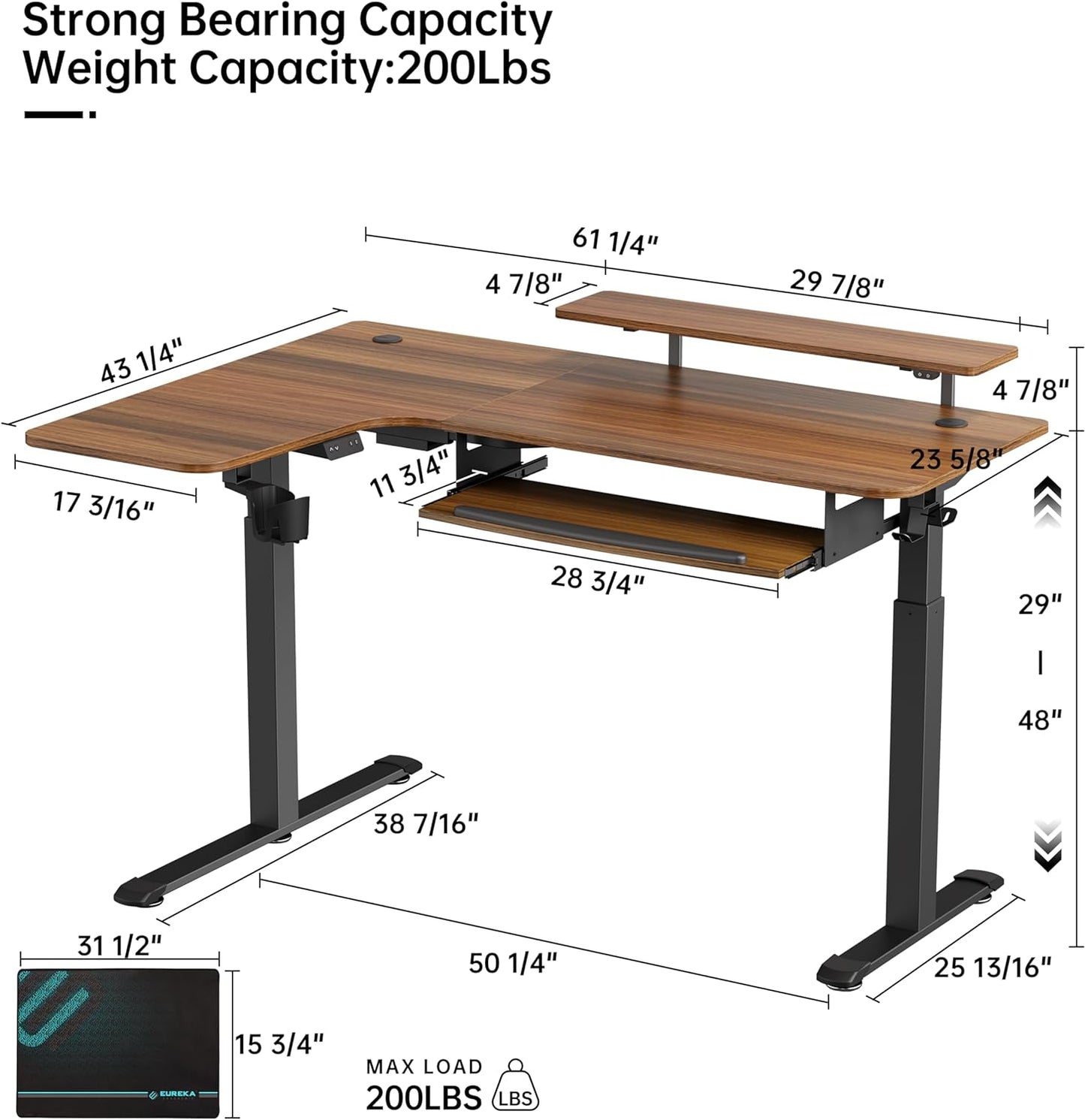 Standing Desk Electric Adjustable Height (61"X43") Computer Desk with Keyboard Tray, Sit Stand Desk L Shaped Desk for Work/Home Office,Dual Motor,Memory Presets,2 Usb/Rgb,Walnut/Left