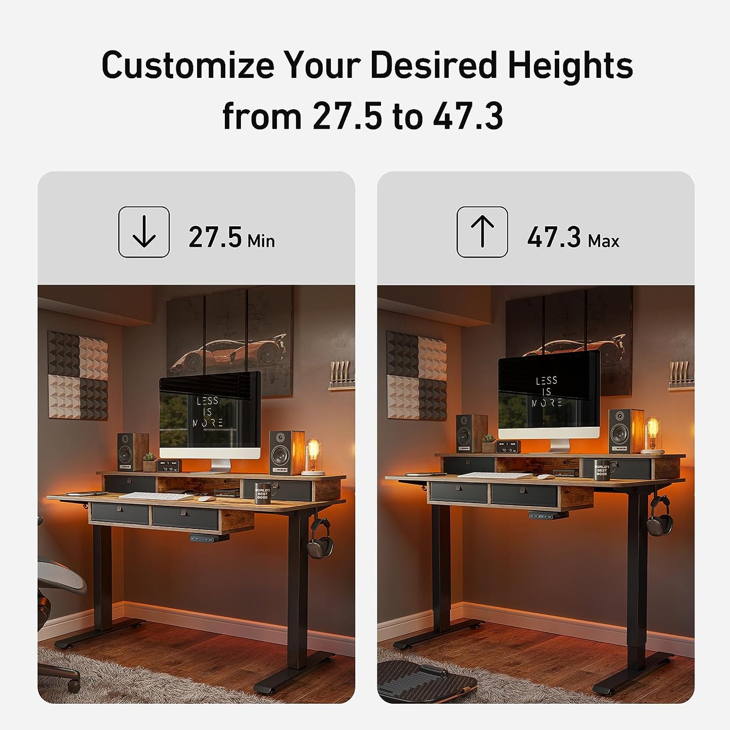 55 X 24 Electric Standing Desk Adjustable Height with 4 Drawers, Sit Stand Desk with Storage Shelf, Rising Desk with Splice Board, Black Frame/Rustic Brown Top, 55 Inch