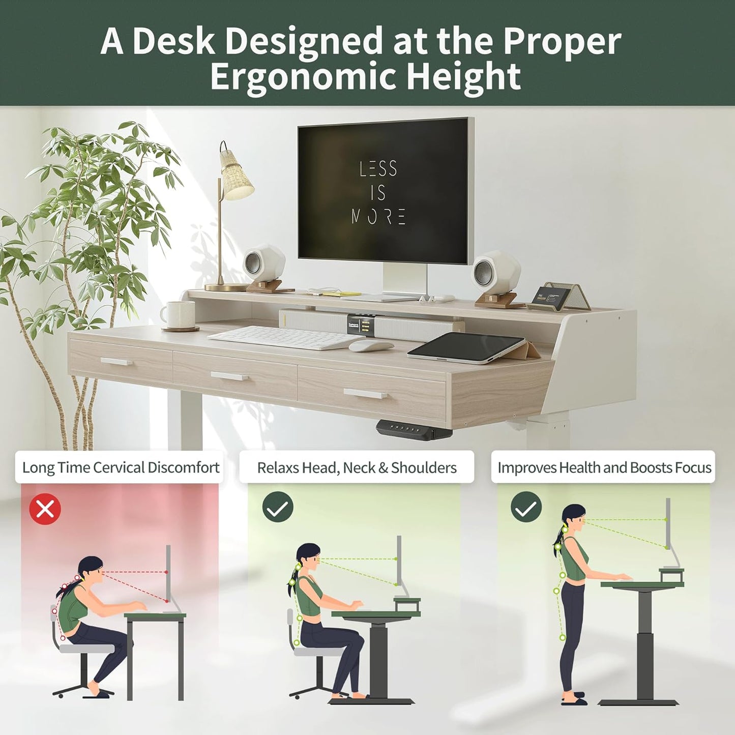 Electric Standing Desk with Drawers, 48X24 Inch Standing Desk Adjustable Height, Stand up Desk with Monitor Shelf, Sit Stand Home Office Desk, Light Walnut