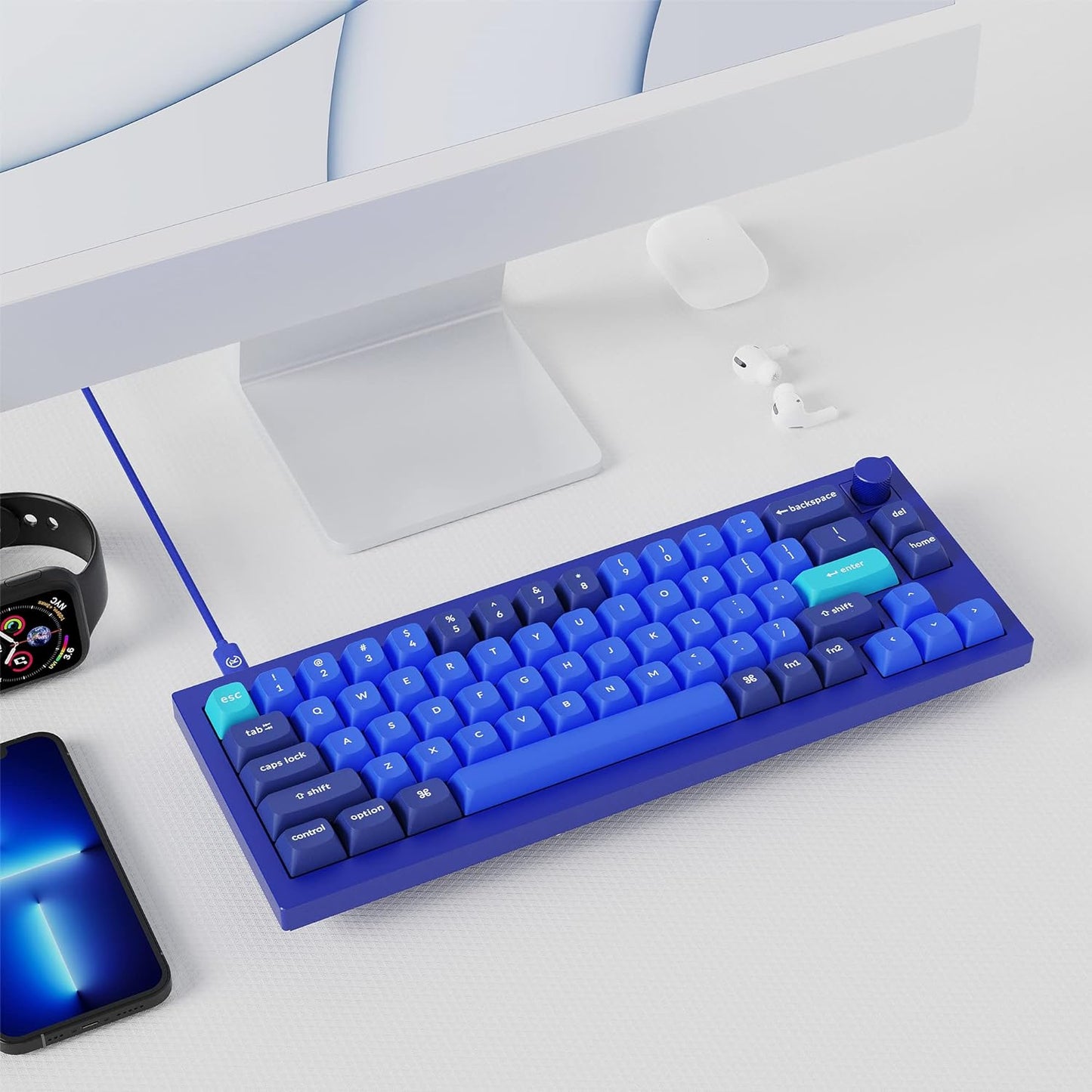 Q2 Wired Custom Mechanical Keyboard Knob Version, 65% Layout QMK/VIA Programmable Macro with Hot-Swappable Gateron G Pro Red Switch Double Gasket Compatible with Mac Windows Linux (Blue)