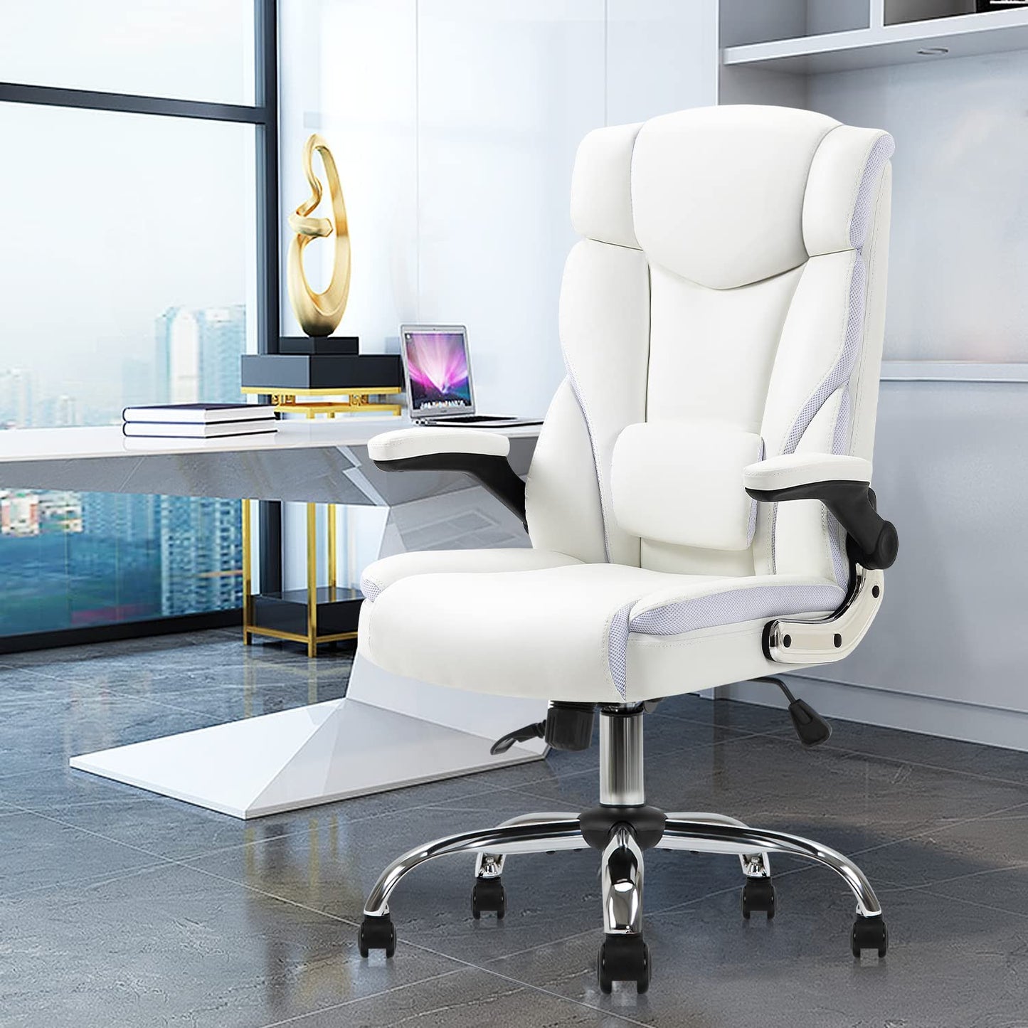 Ergonomic Executive Office Chair High Back PU Leather Computer Desk Chairs with Wheels and Flip-Up Arms, Adjustable Headrest, Tilt and Lumbar Support, White