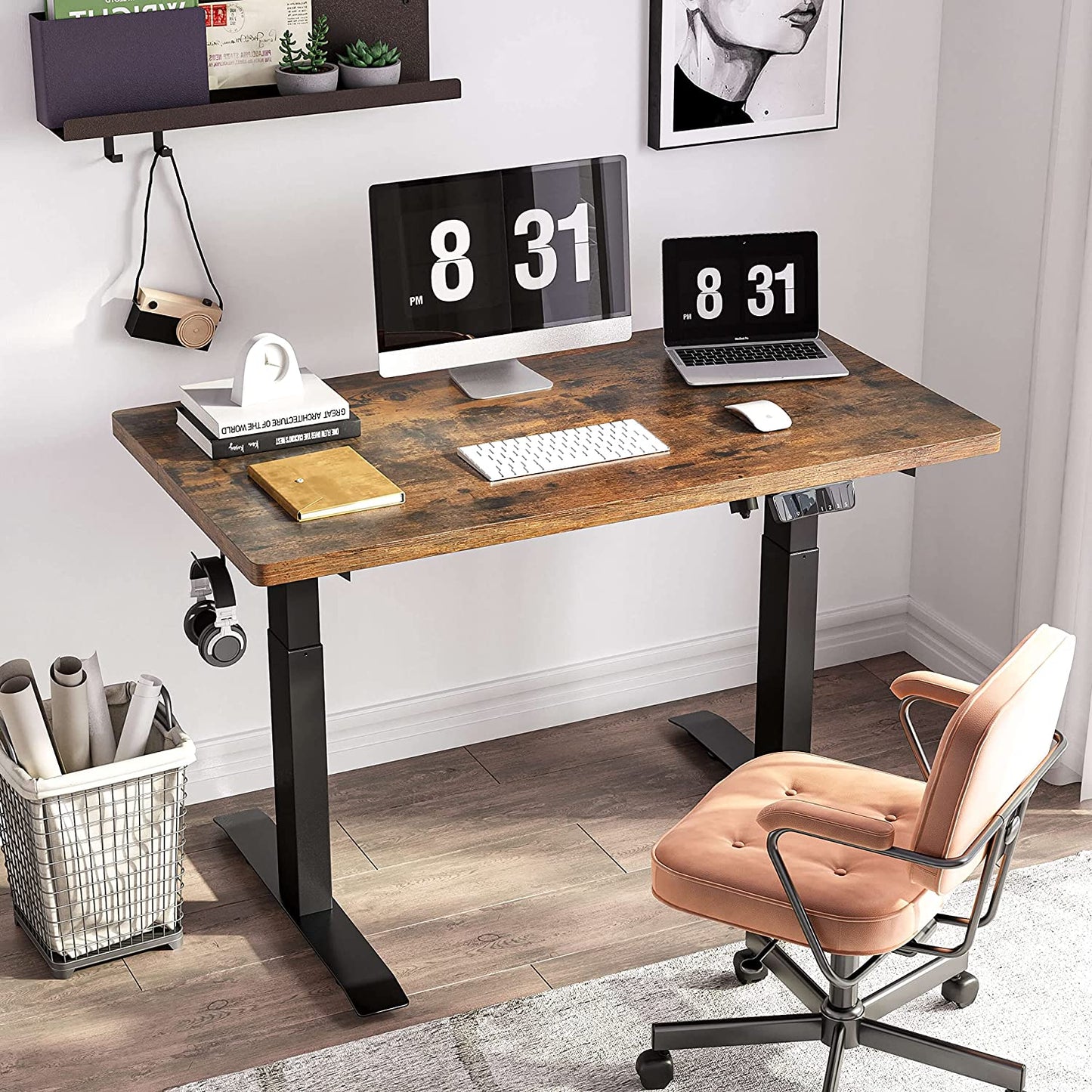Dual Motor Standing Desk Height Adjustable Desk, 55 X 24 Inches Stand up Desk, Home Office Desk Sit Stand Desk with Splice Board, Black Frame/Rust Brown Top