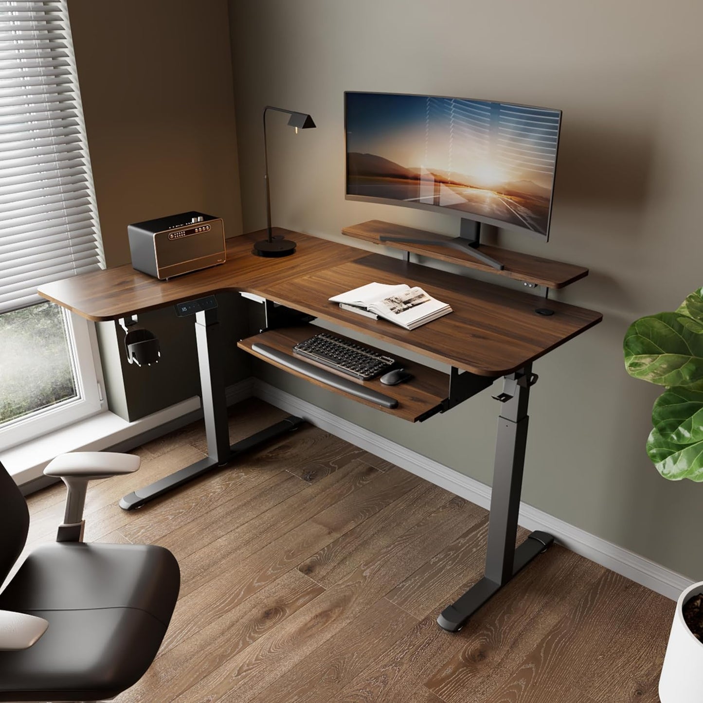 Standing Desk Electric Adjustable Height (61"X43") Computer Desk with Keyboard Tray, Sit Stand Desk L Shaped Desk for Work/Home Office,Dual Motor,Memory Presets,2 Usb/Rgb,Walnut/Left