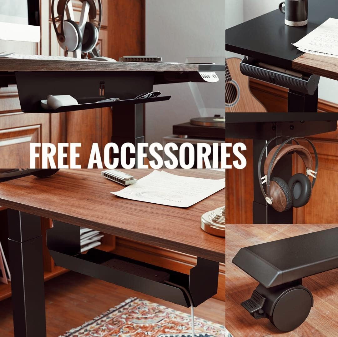 Height Adjustable Electric Standing Desk with Pencil Holder, 55 X 24 Inches Stand up Desk, Sit Stand Desk with Black and Espresso Top and Black Frame