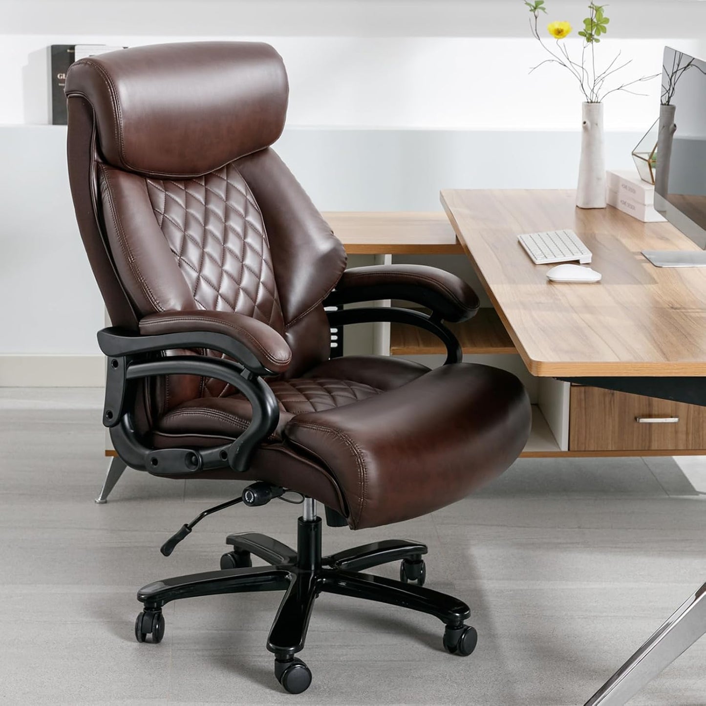 Big and Tall Office Chair 400 Lbs - Executive Leather Swivel Chair with Arms, High Back Desk Chair with Adjustable Lumbar Support Heavy Duty Metal Base, Office Chairs for Heavy People (Brown)