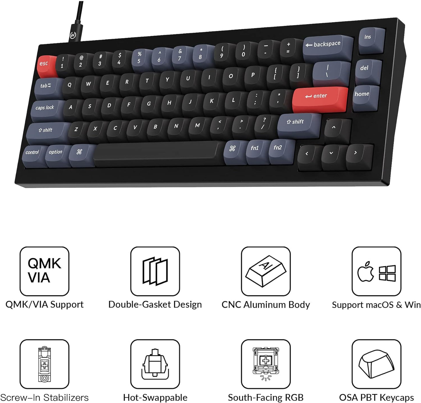 Q2 Wired Custom Mechanical Keyboard, QMK/VIA Programmable Macro, Full Aluminum, Hot-Swappable Gateron G Pro Blue Switch, 65% Layout Double Gasket Compatible with Mac and Windows - Black