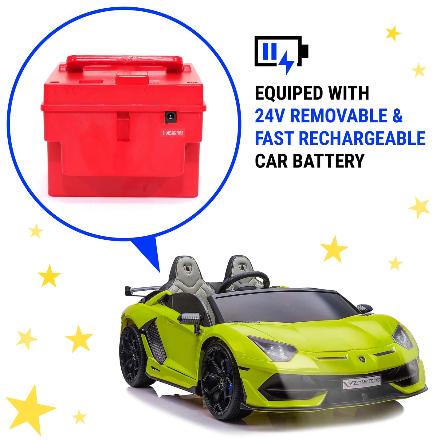 Luxury Ride on Toys Lamborghini Aventador W/ Swappable Battery 24V - Electric Car for Kids with 3 Speeds, Leather Seat, Remote, MP3 Music by Bluetooth, FM Radio, Rubber Tires (Green)
