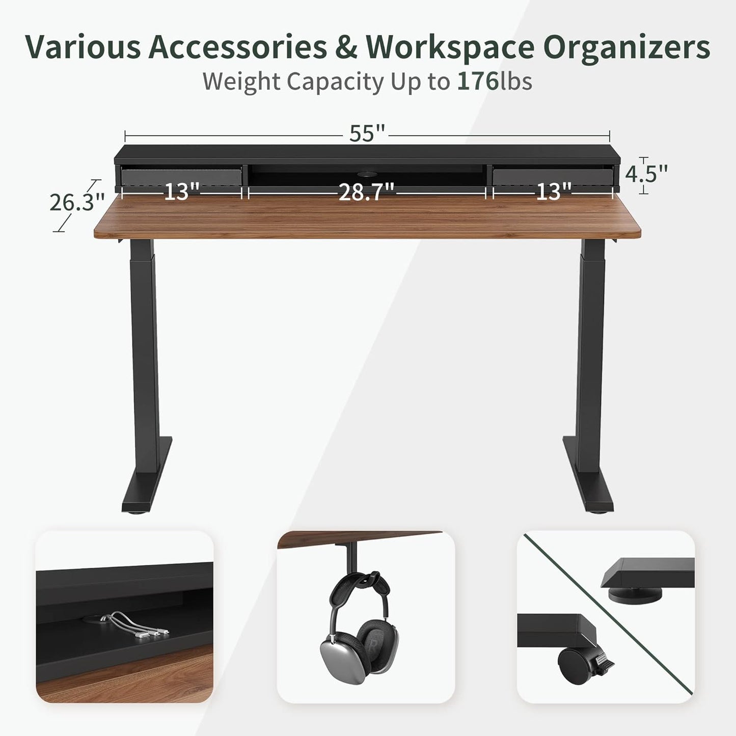 55 X 24 Inch Height Adjustable Electric Standing Desk with Double Drawers, Stand up Desk with LED Strips, Sit Stand Desk with Monitor Stand, Black Walnut