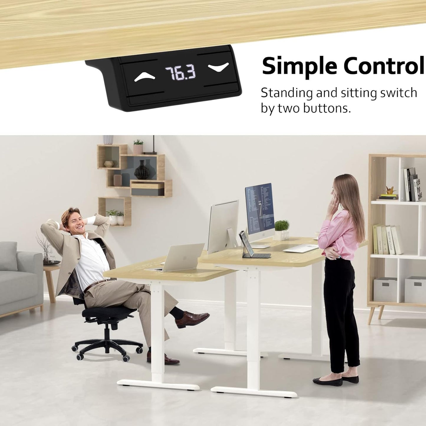 Height Adjustable Electric Standing Desk - 47 X 24 Inch Whole Piece Top Sit Stand Desk Computer Desk - Stand up Desk for Home Office (White Frame + Wood Grain Top)