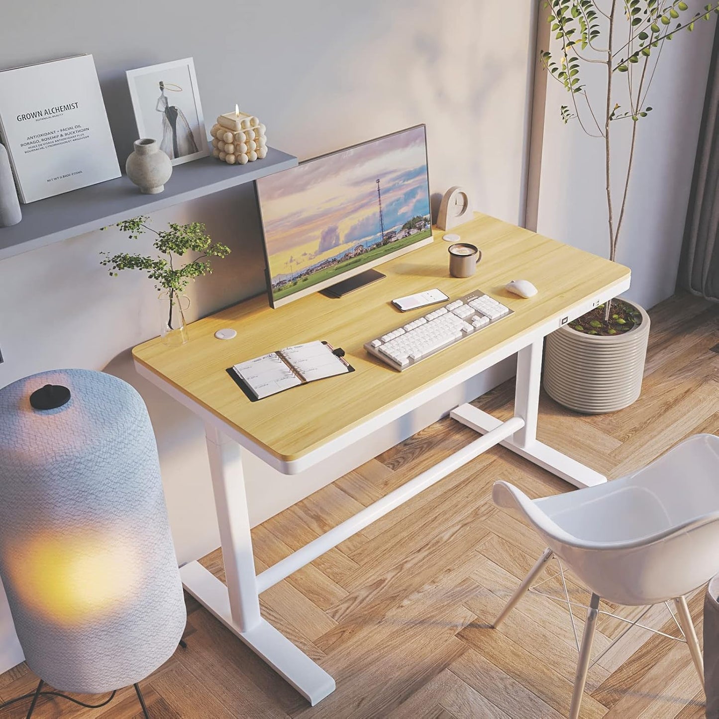 Electric Standing Desk with Drawers, Height Adjustable Sit Stand Desk with Drawer, Home Office Desk Storage & USB Ports, 45 X 23 Inch Maple Desktop/White Frame